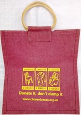 Choose To Reuse 100% Maroon & Yellow Jute Shopping Bag with Wood Handles (NEW)