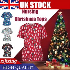 Womens Uniform Medical Nursing Scrub Tops Merry Christmas Flower T-Shirts Xmas·