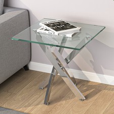 Small Glass Top End Table Chrome Base Sofa Coffee Tea Desk Living Room Furniture