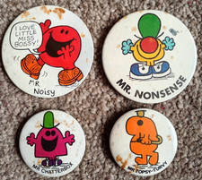 4 x MR MEN Pin Badges Bundle - Vintage / Retro Book Characters 1970s & 1980s