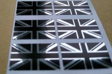 6x Union Jack Flag Stickers 23x38mm – Silver Chrome & Black Vinyl Decals