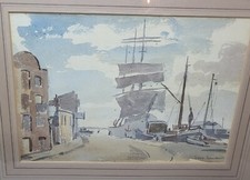 Vintage Nautical Watercolour Painting Harbour Scene Sailing Ship Historical 