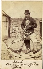 Young girl on rocking horse with father large beard cdv photo 1860s