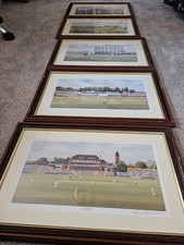 Set Of 5 Signed Terry Harrison Cricket Ground Prints  Large Framed Memorabilia