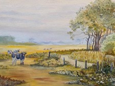 OIL on BOARD COWS IN FIELD BY