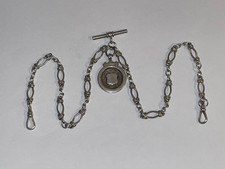 Antique Sterling Silver Double Albert Chain With 1914 Fob Medal, 33.9g (C336)