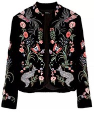ZARA Black Velvet Embellished Tailored Jacket embroidered floral Woodland  S