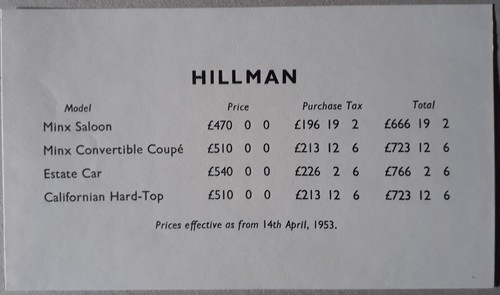 Hillman minx price list - price,