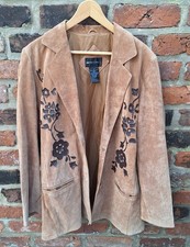Beth Terrell Tan Suede Button Up Brown Floral Appliqué Jacket Size L  UK 16 18