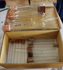 Lot of 34 laboratory Glassware Test tubes in wooden box from pyrex 3" to 8"