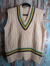 Vintage Merlin Cream Wool Cricket Vest Arran Knit Sleeveless Jumper size XL