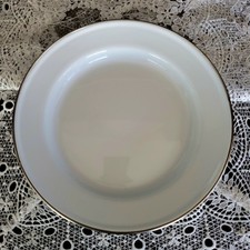 4 White Silver Trim Enamelware Tin Metal Round 10" Dinner Plates EUC