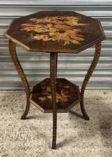 Charming Antique Arts & Crafts Pyrography Poker Work Two-Tier Octagonal Table