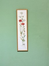 Vintage Framed Embroidered Picture Red Poppies Daisies Tall Thin Gold Framed