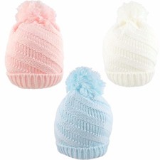 Baby Bobble Hat for Boy or Girl Knitted Warm Cap Cotton Lined & Spiral Design