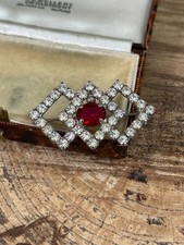 Vintage Art Deco Style Brooch Silver Tone Sparkly Red Rhinestone Mid Century
