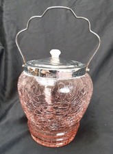 Vintage 20s/30s Pink Crackle Glass Biscuit Barrel with chrome lid and handle