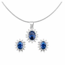 925 Sterling Silver Sapphire Blue Cluster Pendant Necklace & Earring Set