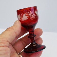 Antique Cranberry Etched Wine Glass – Hand Blown – Rare Collectible 