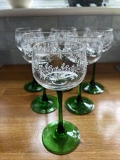 6 X Vintage France Luminarc Tall Emerald Green Stem engraved 125ml Wine Glasses