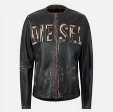 Men’s Diesel Black Distressed Logo Embossed Leather Jacket Black Size 48 BNWOT