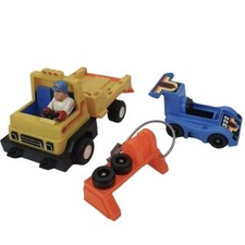 fisher price husky helpers race car hauler & driver 1978 vintage toys usa prop
