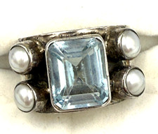 Antique Art Deco 925 Large Aquamarine & Pearl Ring Artisan 'B' Made Size O US 7