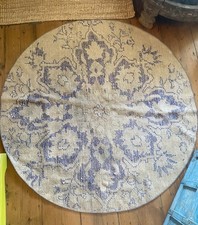 Vintage Turkish carpet Rug Round Blue Cream 130cm diameter
