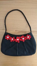 Lulu Guinness handbag, black with red beaded flowers