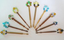 Antique Lace Bobbins Victorian Turned Wood Glass Beaded Spangles Vintage x10 #31