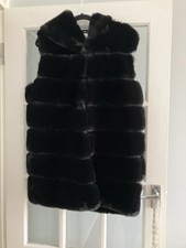 Ladies Black Faux Fur Gilet/Waistcoat Size 10/12 With Faux Leather Trim And Good