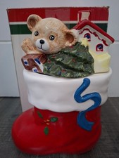 Vintage Christmas Stocking Biscuit Barrell Cookie Jar Ceramic Tree Bear Boxed