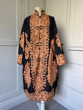 Long Kashmiri Embroidered Silk Jacket Coat - Black