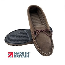 Mens Moccasin Slippers Brown Hard Sole Real Suede Check Lining Cooper Footwear