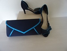 JACQUES VERT PEEP TOE SHOES & MATCHING BAG   -NAVY WITH TURQUOISE  TRIM SIZE 5