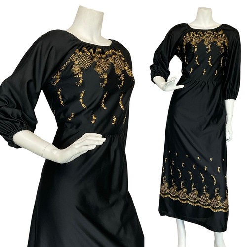 Vtg 70s black gold - gold, floral