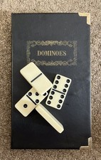Vintage Set of Double Six Ivorine Dominoes in “Book” Box - store in a bookcase