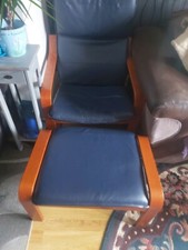 Ikea Poang And Foot Stool Blue Leather And Birch Veneer Ex Con