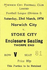 TICKET: Norwich City v Stoke City 1973/1974