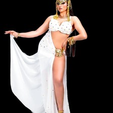 Made to Order White Belly Dance Costume: Golden Coins, Professional Performance