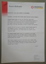 VAUXHALL JUNIOR SINGLE SEATER RACING CAR orig 1990 UK Mkt Press Release