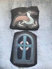 TWO Reg Beach Slate Carved Plaque with Cross Design & mythical Celtic Bird
