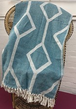 Duck Egg Blue Patterned Throw With Tassels 100% Cotton