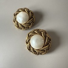 Vintage Chanel faux pearl gold tone clip on earrings 