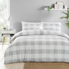 Fusion Silver Check Seersucker Duvet Cover Reversible Design 135 x 200cm Bed Set