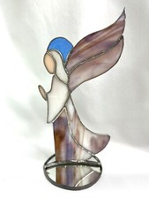 Stained Glass Angel with Wings and Halo on Mirror Base Handcrafted 10.5 in Tall