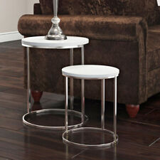 White High Gloss Round Nest of 2 Tables Living Room Furniture Space Saving Table