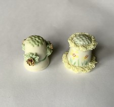 2 X Vintage Irish Dresden Porcelain Thimbles, Green Yellow Lace Flowers, Signed