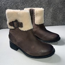 UGG Elings Womens Brown Leather Boots Shearling Lined Zip Up Size UK 5 New