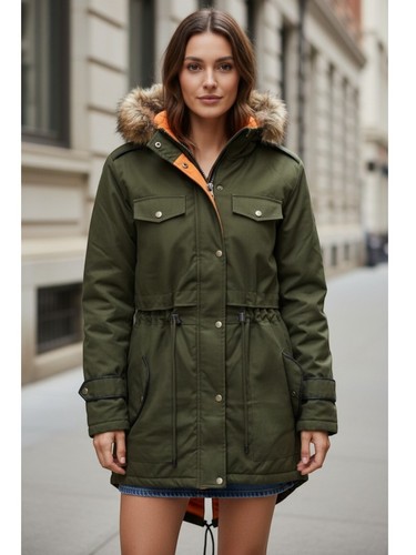Ladies coat khaki fur trim - ladies,